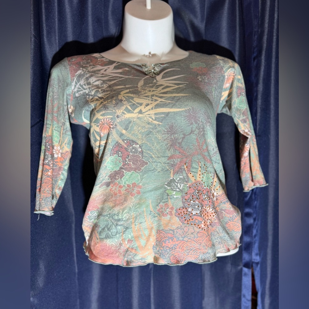 Floral Print Women's Top W/ Rhinestones